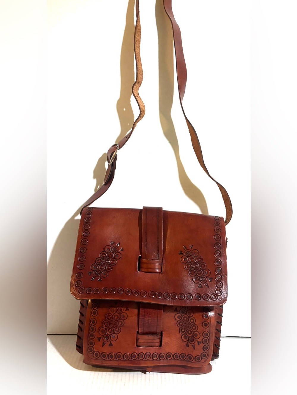 Handmade vintage Tooled Brown Leather Crossbody Bag
